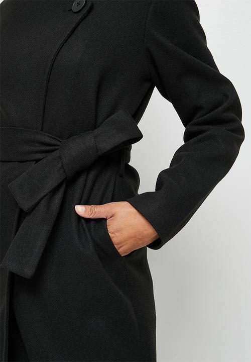 edit - High neck belted melton coats - black
