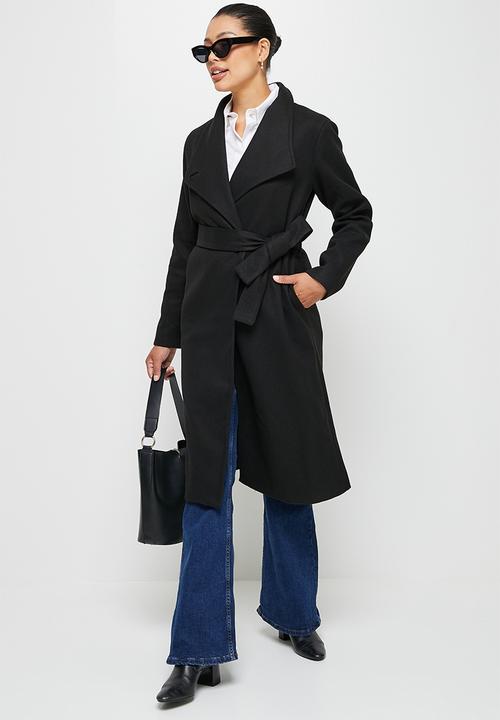 edit - High neck belted melton coats - black