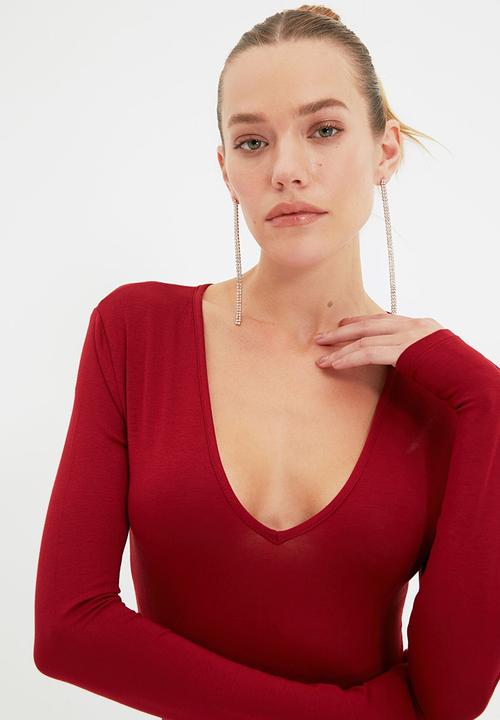 Trendyol - Deep v neck bodysuit - burgundy