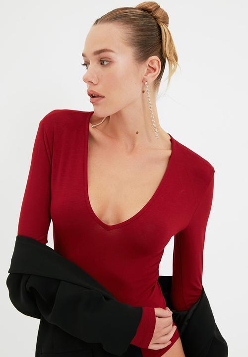 Trendyol - Deep v neck bodysuit - burgundy