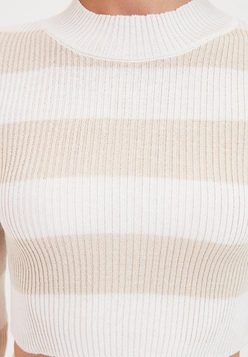 Trendyol - Striped crop knit sweater - ecru