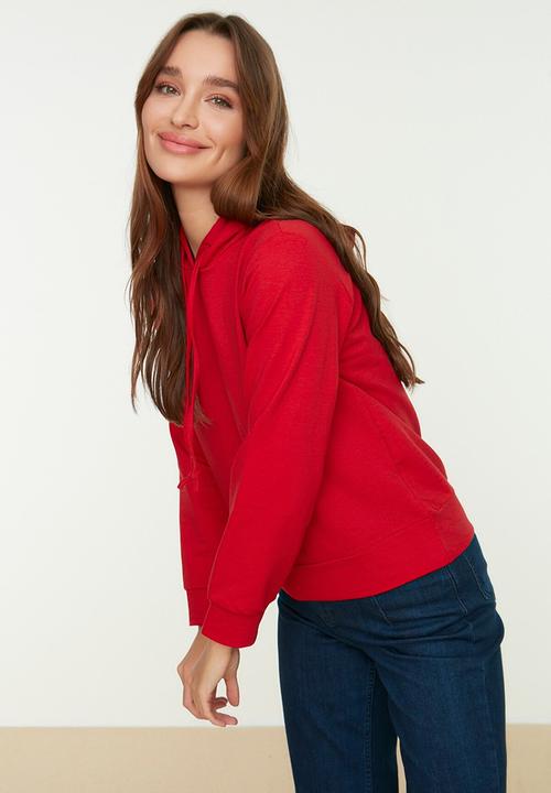 Trendyol - Hooded basic knitted thin sweatshirt - red