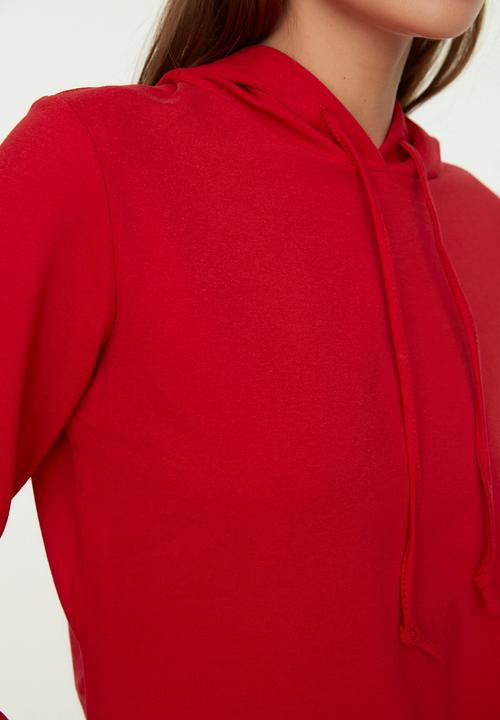 Trendyol - Hooded basic knitted thin sweatshirt - red