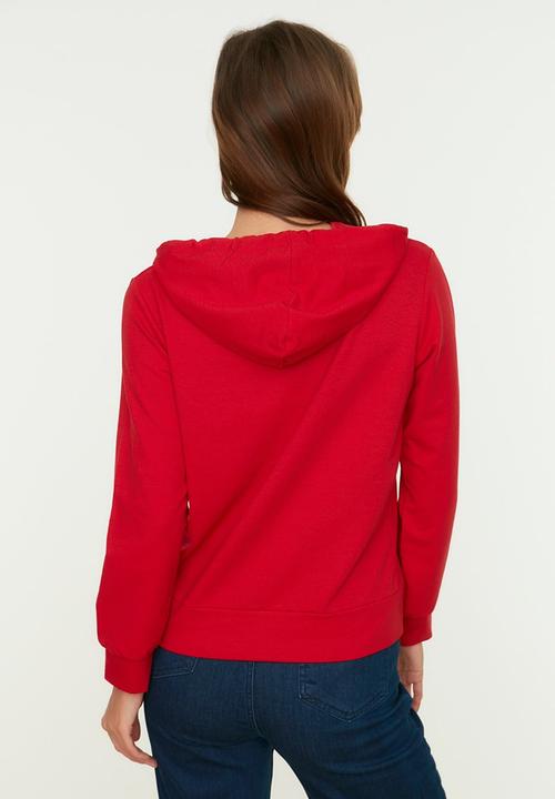 Trendyol - Hooded basic knitted thin sweatshirt - red