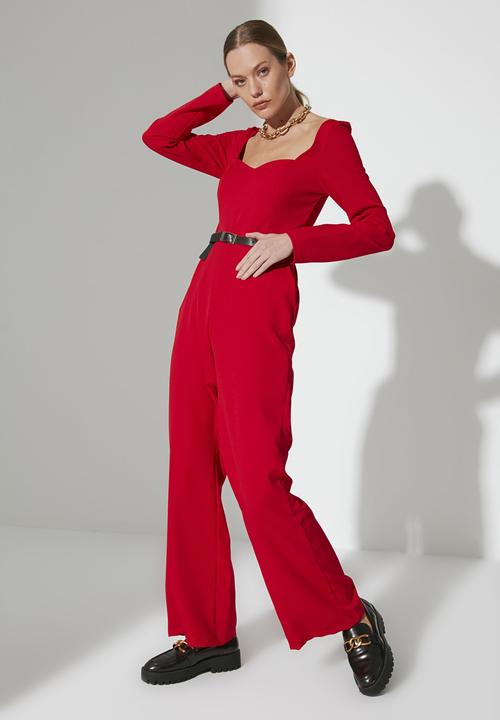 Trendyol - Belted heart collar jumpsuit - red