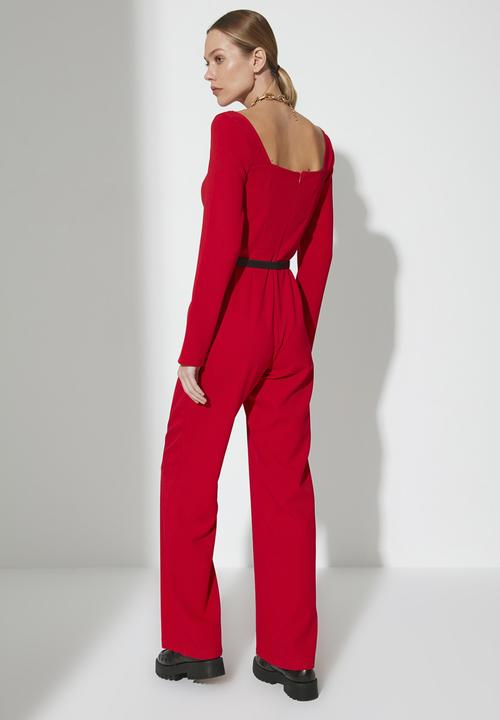 Trendyol - Belted heart collar jumpsuit - red
