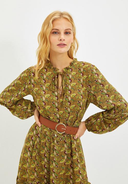 Trendyol - Patterned ruffle dress - brown