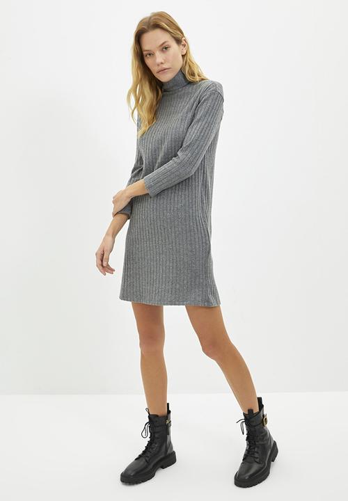 Trendyol - Turtleneck ribbed bodycon knitted dress - anthracite