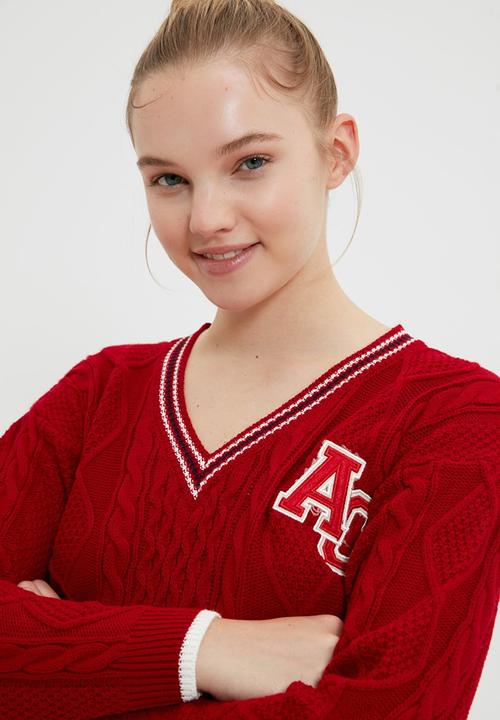 Trendyol - V-neck knitted detailed knitwear sweater - red