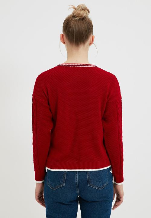 Trendyol - V-neck knitted detailed knitwear sweater - red