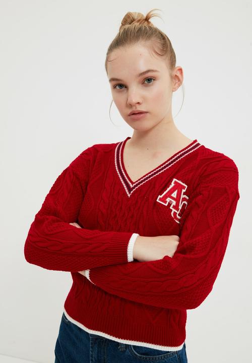 Trendyol - V-neck knitted detailed knitwear sweater - red