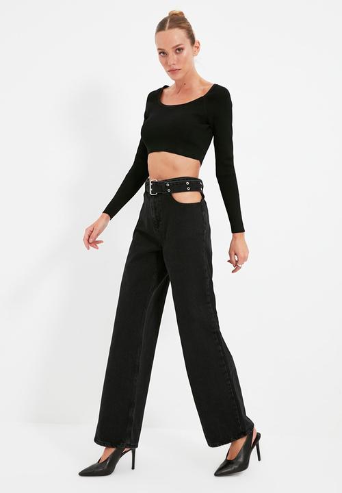 Trendyol - Cut out detailed belted high waist 90's wide leg jeans - black