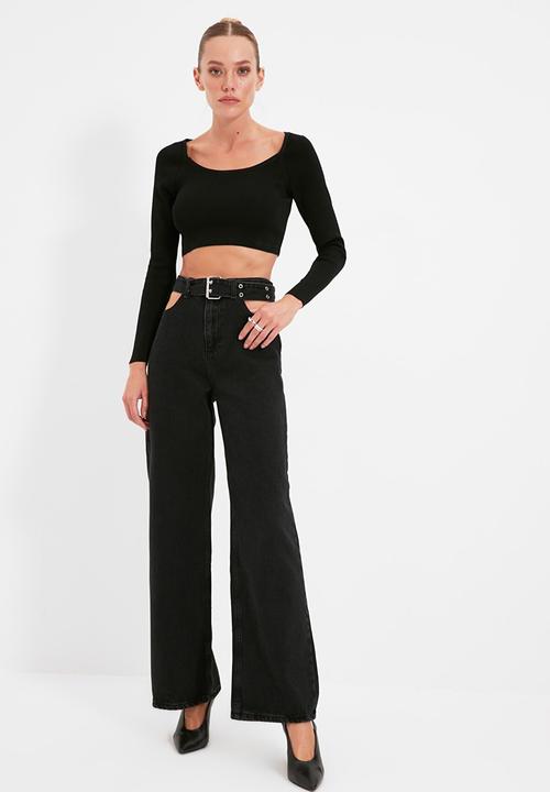 Trendyol - Cut out detailed belted high waist 90's wide leg jeans - black