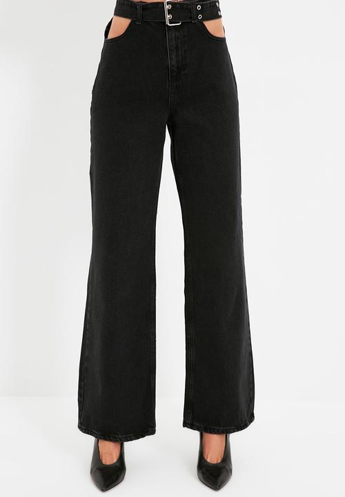 Trendyol - Cut out detailed belted high waist 90's wide leg jeans - black