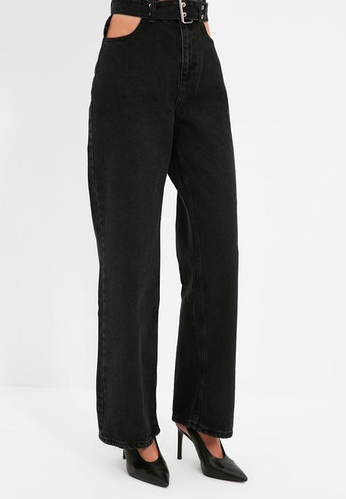 Trendyol - Cut out detailed belted high waist 90's wide leg jeans - black
