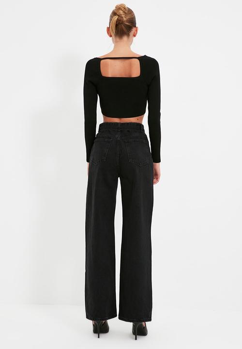 Trendyol - Cut out detailed belted high waist 90's wide leg jeans - black