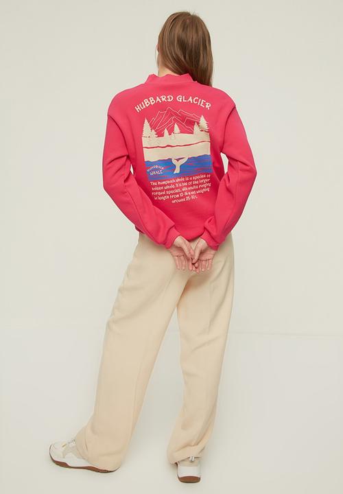 Trendyol - Loose stand up collar printed ragged knitted sweatshirt - fuchsia