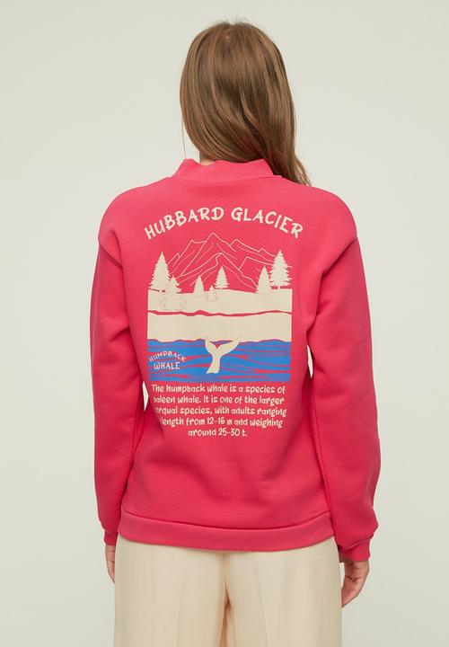Trendyol - Loose stand up collar printed ragged knitted sweatshirt - fuchsia