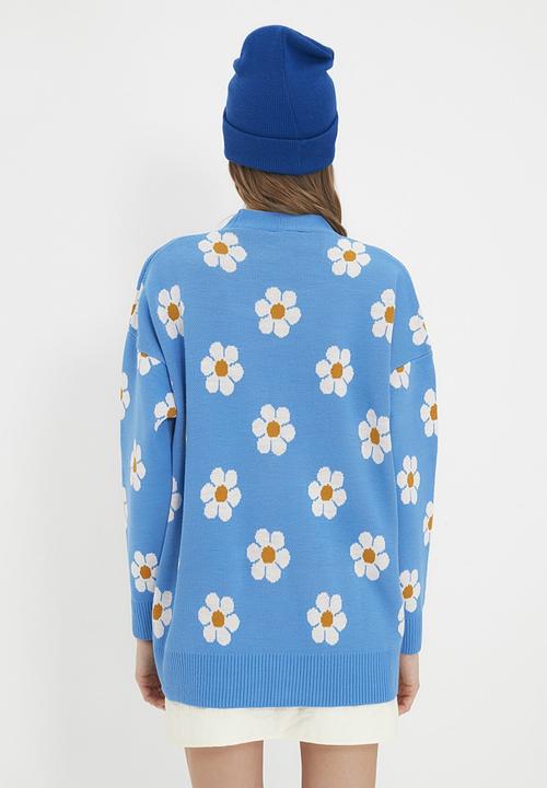 Trendyol - Oversize floral jacquard knitwear cardigan - blue