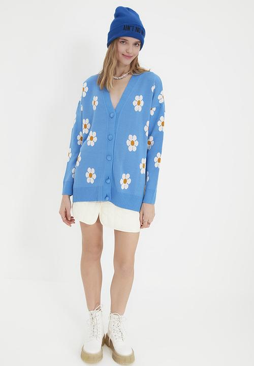Trendyol - Oversize floral jacquard knitwear cardigan - blue