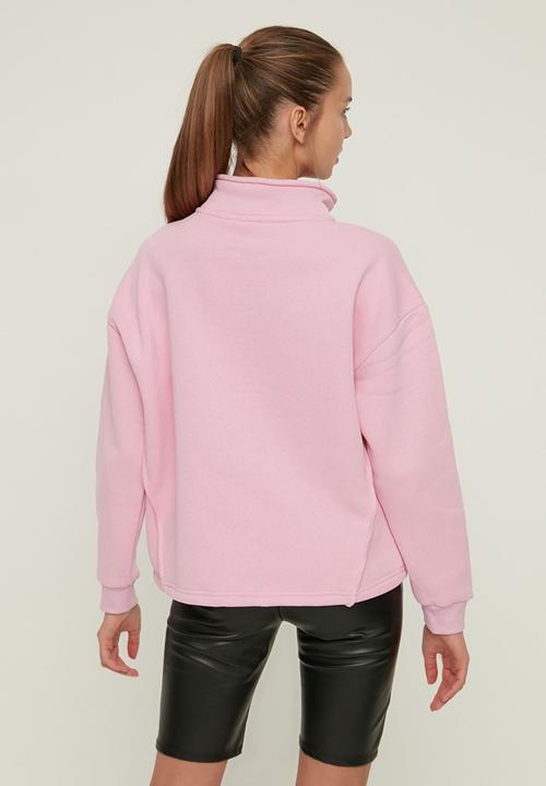 Trendyol - Polo neck oversize raised knitted sweatshirt - pink