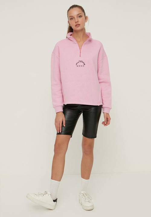 Trendyol - Polo neck oversize raised knitted sweatshirt - pink