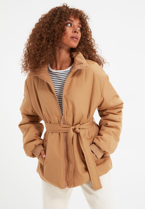 Trendyol - Belted zipper closure coat - camel