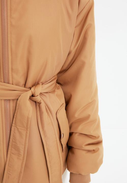 Trendyol - Belted zipper closure coat - camel