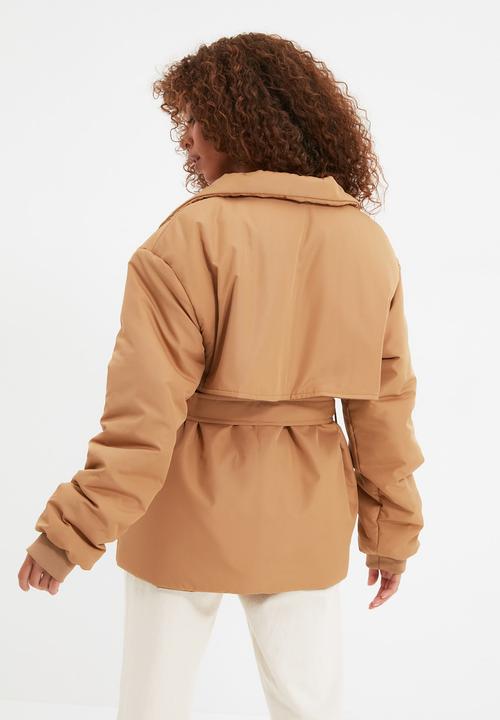 Trendyol - Belted zipper closure coat - camel
