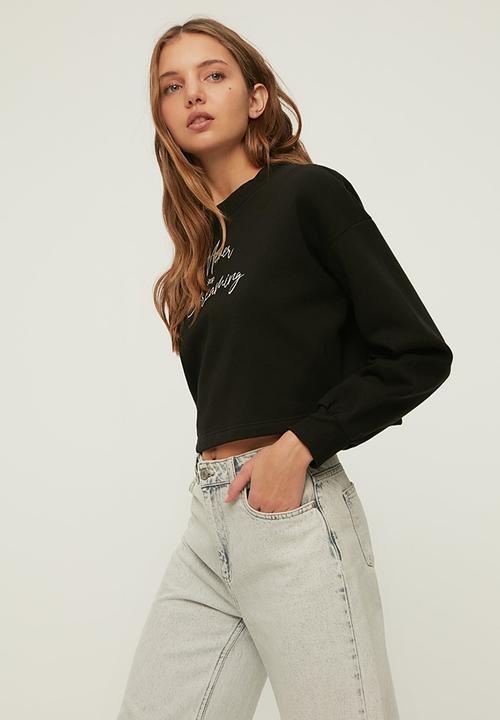 Trendyol - Crop print raised knitted sweatshirt - black