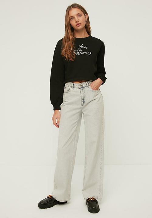 Trendyol - Crop print raised knitted sweatshirt - black
