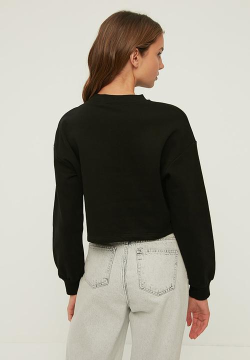 Trendyol - Crop print raised knitted sweatshirt - black