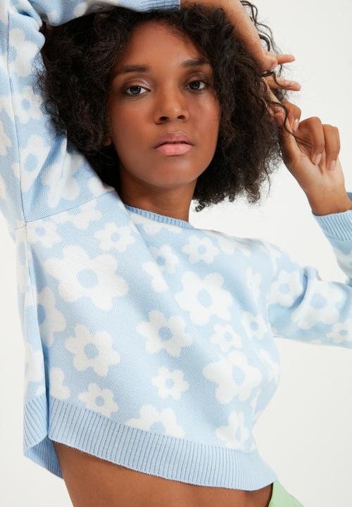 Trendyol - Jacquard crop knitwear sweater - light blue