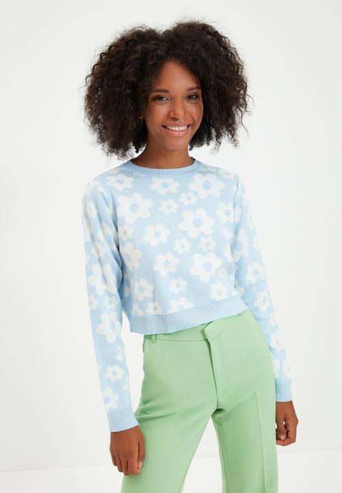 Trendyol - Jacquard crop knitwear sweater - light blue