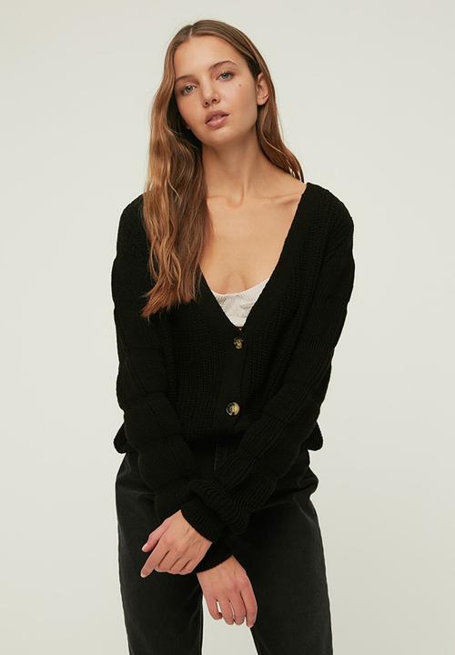Trendyol - Sleeve detailed oversized knitwear cardigan - black