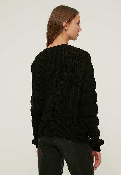 Trendyol - Sleeve detailed oversized knitwear cardigan - black