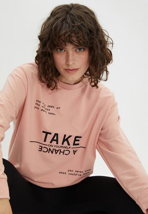 Trendyol - Hooded printed loose slim knitted sweatshirt - powder pink