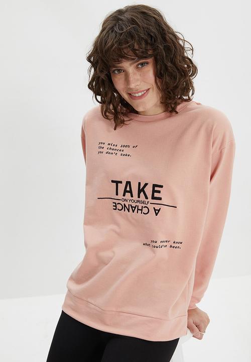 Trendyol - Hooded printed loose slim knitted sweatshirt - powder pink