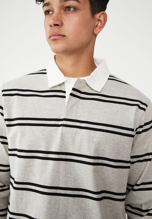 Factorie - Rugby long sleeve polo-light grey marle double stripe