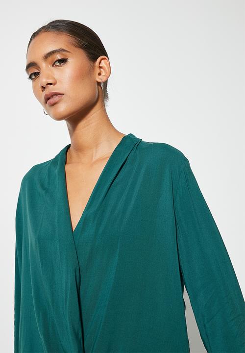 VELVET - Shawl collar wrap blouse - bottle green