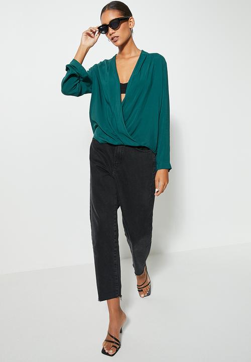 VELVET - Shawl collar wrap blouse - bottle green
