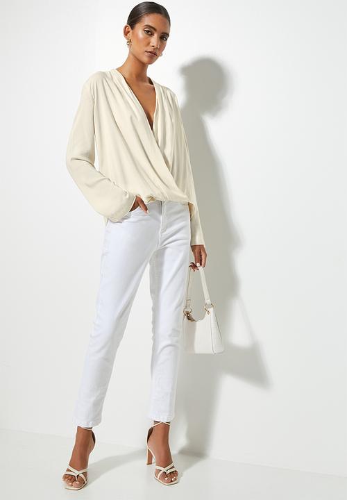 VELVET - Shawl collar wrap blouse - cream