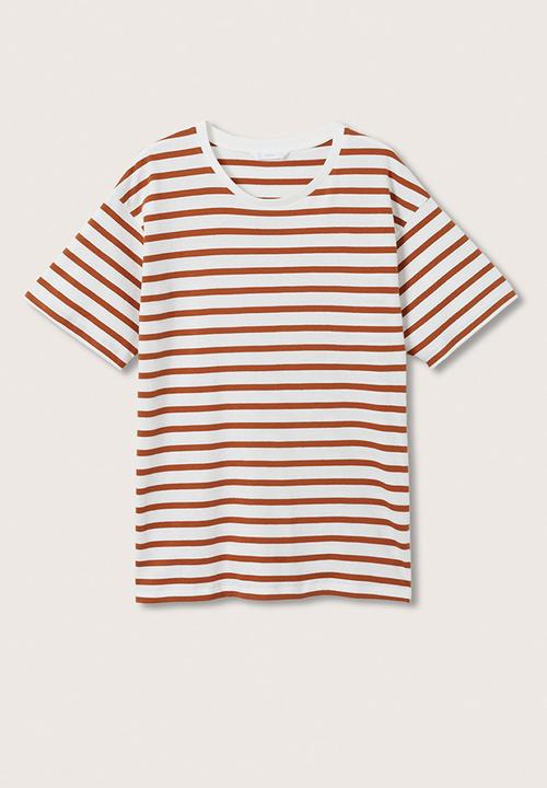 MANGO - T-shirt stripes - white & brown