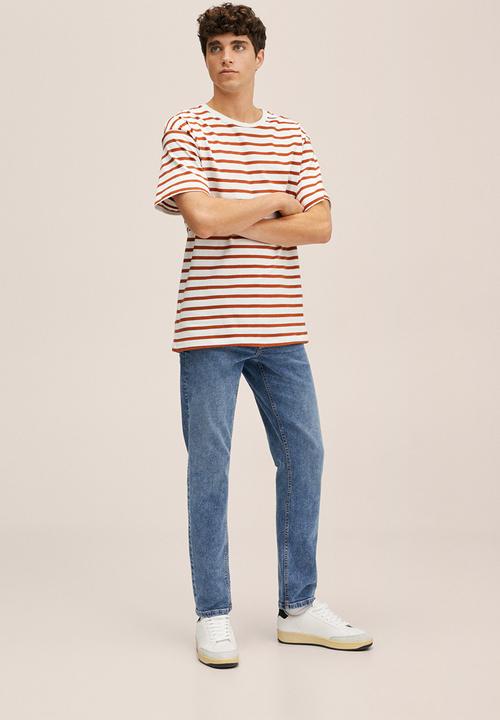 MANGO - T-shirt stripes - white & brown
