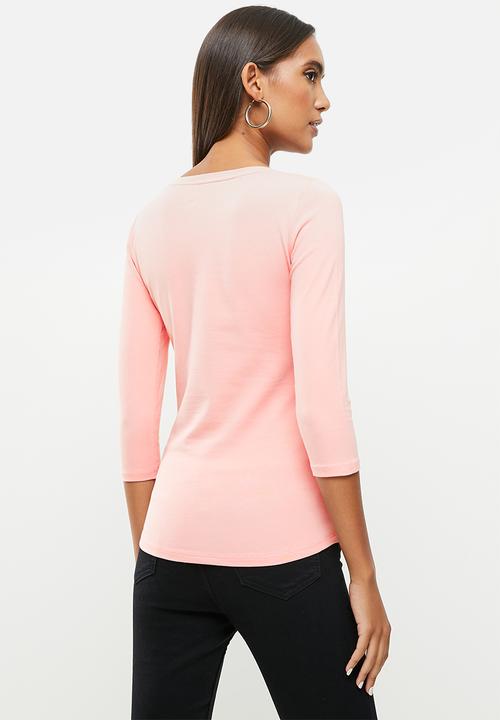 SISSY BOY - Basic round neck, fitted 3/4 sleeve top with mixed foil print and bling logo - dusty pink