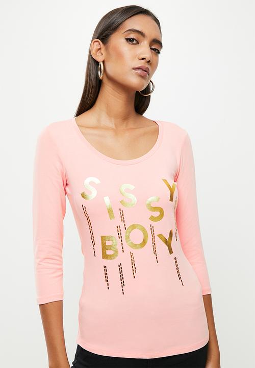 SISSY BOY - Basic round neck, fitted 3/4 sleeve top with mixed foil print and bling logo - dusty pink