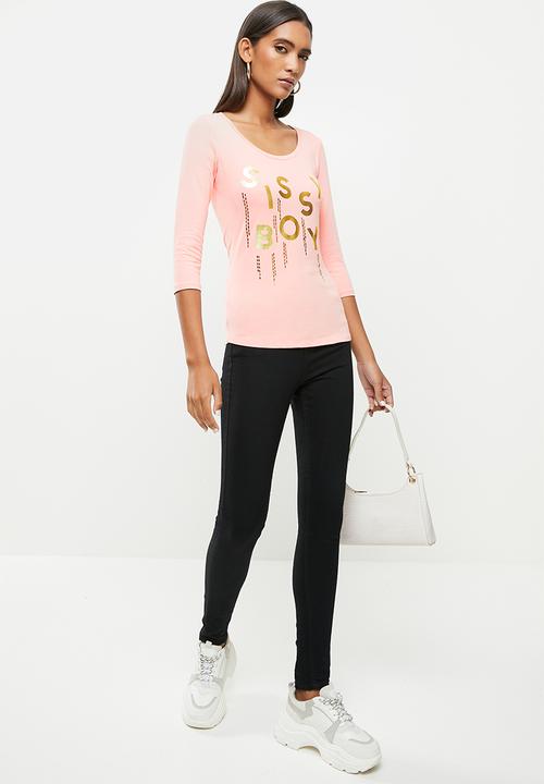 SISSY BOY - Basic round neck, fitted 3/4 sleeve top with mixed foil print and bling logo - dusty pink