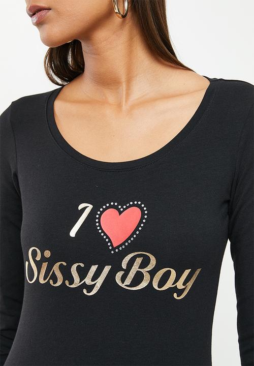 SISSY BOY - Basic round neck fitted 3/4 sleeve top bling logo - black