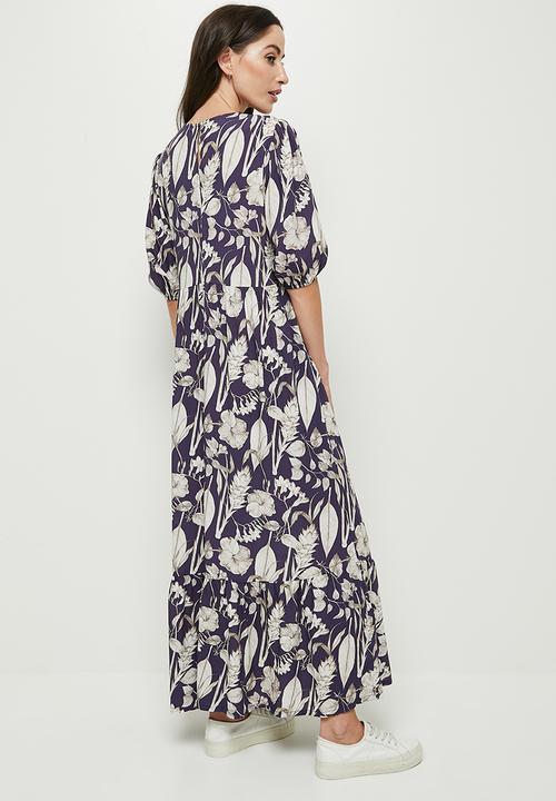edit - Bellow sleeve tier maxi - navy & stone