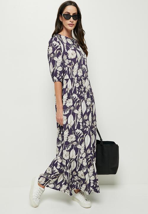 edit - Bellow sleeve tier maxi - navy & stone